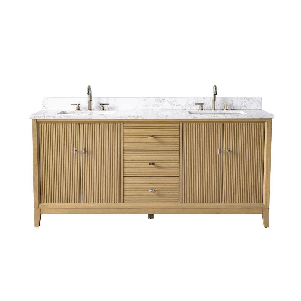 72 in. W Double Sink Freestanding Natural Oak Bath Vanity Cabinet with Arabescato White Engineered Marble Top