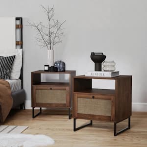 Mina Walnut Side Table, Boho Nightstand, Rattan End Table Storage 22 in. W Nightstand with Matte Black Legs Set of 2
