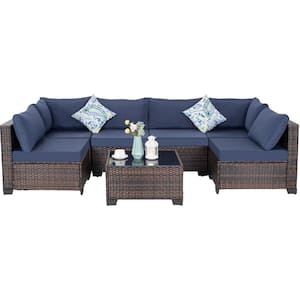 7 Pieces Brown Wicker Patio Conversation Set Sofa set with Blue Cushions, 1 Coffee Table