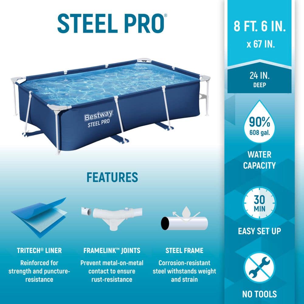 Blue Steel Frame Rectangular Above Ground Pool with Pump