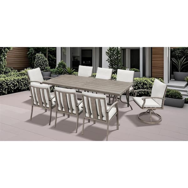 Limed Oak 9-Piece Aluminum Outdoor Dining Set with 8 Swivel Dining Chairs and Beige Cushions