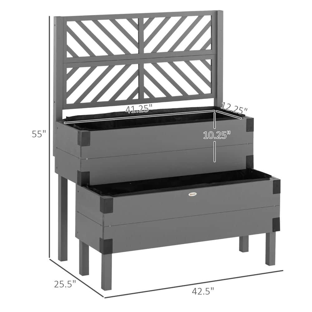 Gray 2-Tier Wooden Raised Garden Bed with Trellis and Metal Corners