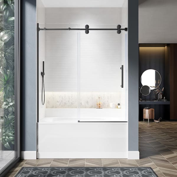 UKS04 56 to 60 in. W x 66 in. H U-Channel Sliding Frameless Bathtub Door, Matte Black, EnduroShield 3/8 in. Clear Glass