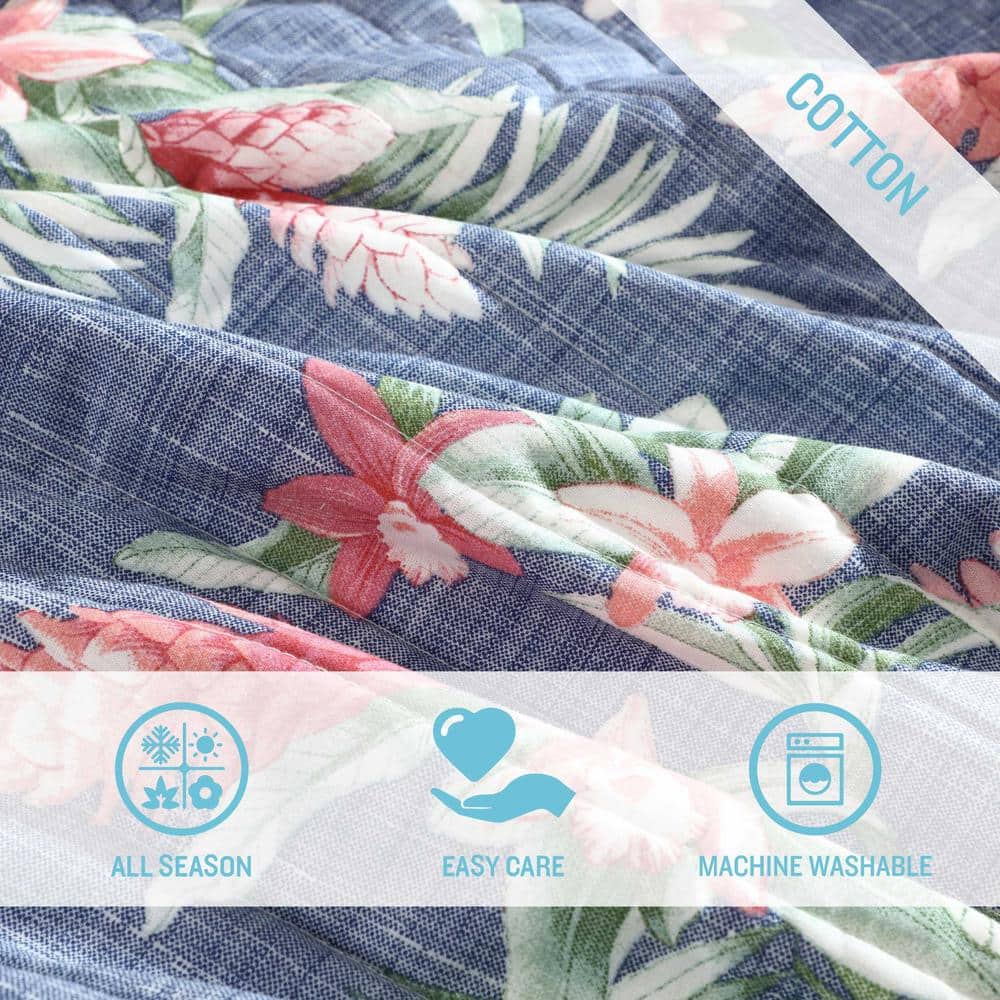 Navy Cotton Reversible Twin Quilt Set with Floral Design