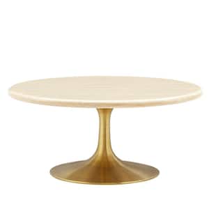 Lippa 36 in. in Gold Travertine Round Wood Artificial Travertine Coffee Table