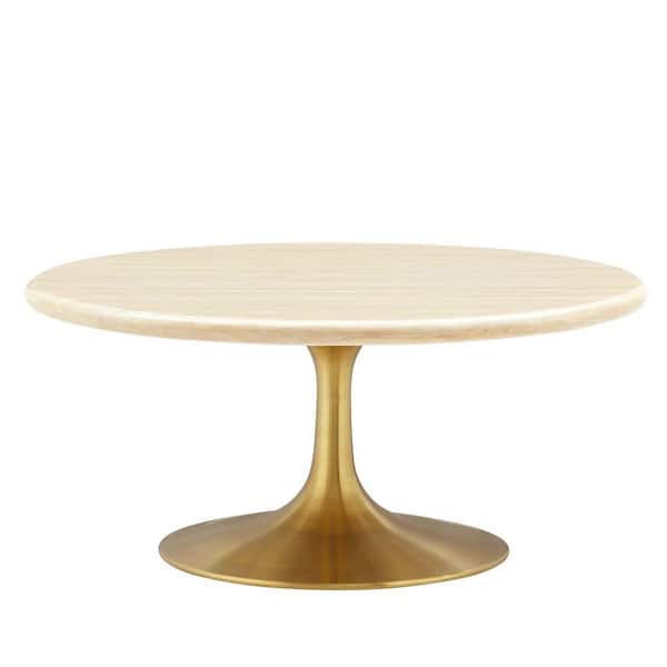 MODWAY Lippa 36 in. in Gold Travertine Round Wood Artificial Travertine Coffee Table