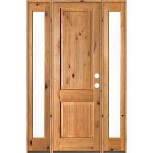 58 in. x 96 in. Rustic Knotty Alder Square Clear Stain Wood V-Groove Left Hand Single Prehung Front Door/Full Sidelites
