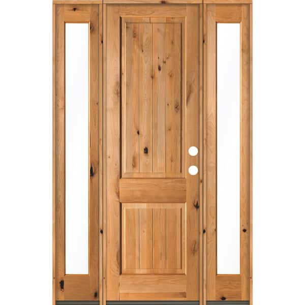 Krosswood Doors 58 in. x 96 in. Rustic Knotty Alder Square Clear Stain Wood V-Groove Left Hand Single Prehung Front Door/Full Sidelites