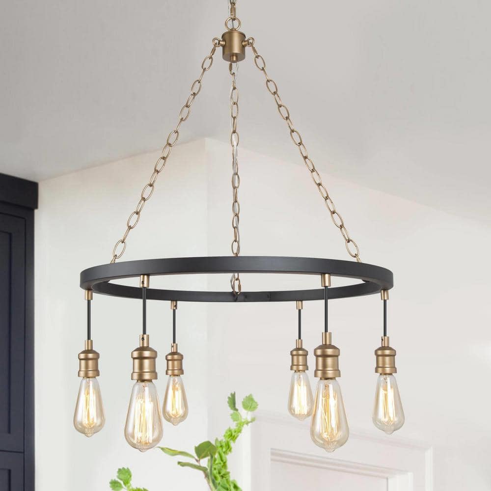 Lnc Modern Black Gold Wagon Wheel Chandelier 6-light Farmhouse Round 