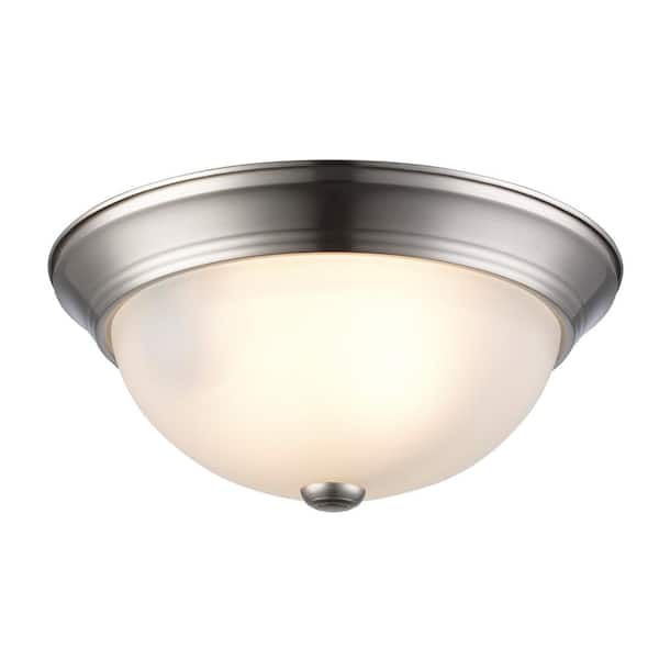 Bowers 13 in. 2-Light Brushed Nickel Flush Mount Ceiling Light Fixture with Frosted Glass Shade
