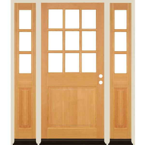 Krosswood Doors 64 in. x 80 in. Farmhouse 9-Lite Clear Glass Left Hand Clear Stain Hemlock Wood Prehung Front Door w/ DSL