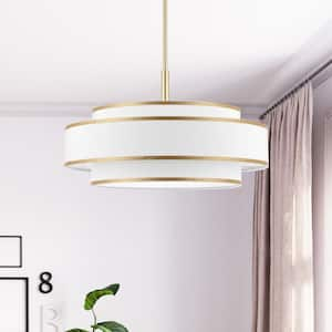 24 in. 5-Light Gold Double Shaded Drum Chandelier with White Fabric Shade