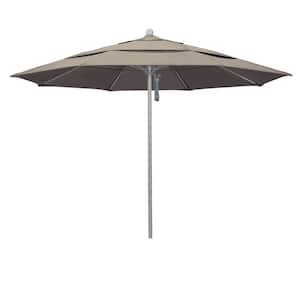 11 ft. Gray Woodgrain Aluminum Commercial Market Patio Umbrella Fiberglass Ribs and Pulley Lift in Taupe Sunbrella