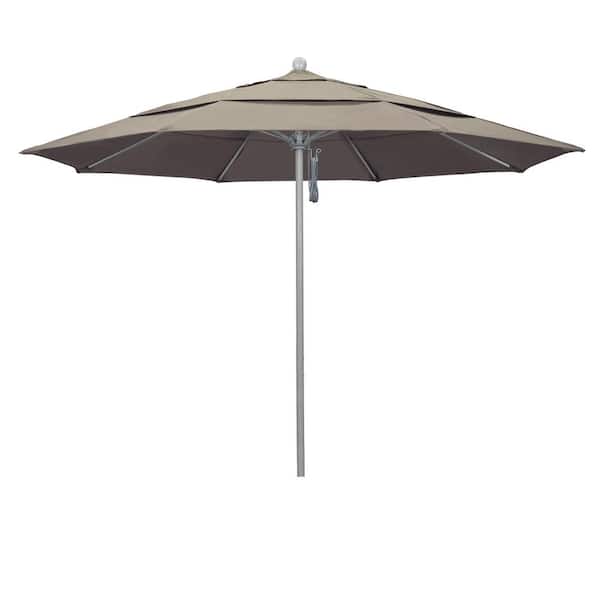 California Umbrella 11 ft. Gray Woodgrain Aluminum Commercial Market Patio Umbrella Fiberglass Ribs and Pulley Lift in Taupe Sunbrella