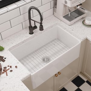 White Fireclay 30 in. Single Bowl Corner Farmhouse Apron Kitchen Sink with Bottom Grid and Basket Strainer