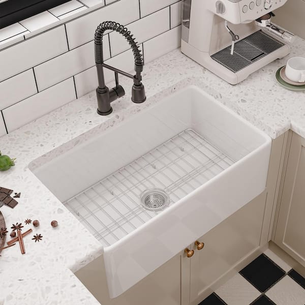 White Fireclay 30 in. Single Bowl Corner Farmhouse Apron Kitchen Sink with Bottom Grid and Basket Strainer