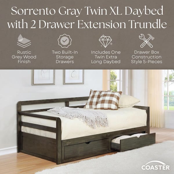 Sorrento Gray Twin XL Daybed with 2 Drawer Extension Trundle