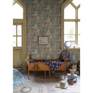 Blue Vaxa Slate Rabbits and Rosehips Paper Non-Pasted Non-Woven Matte Wallpaper