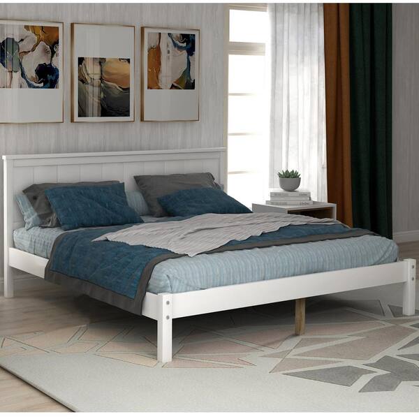 White Full Size Bed Frame With Wood Headboard Platform Modern Bedroom Furniture 