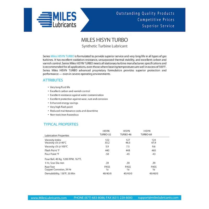 Miles Hisyn Turbo 68-Advanced Technology Pao Based Turbine Oil 5 gal./Pail