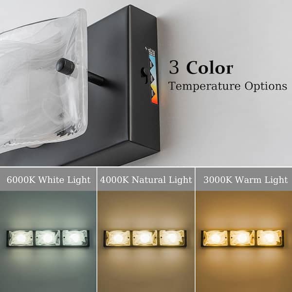 22 in. 3-Light Matte Black Integrated LED 3 CCT Vanity Light Bar for Bathroom with Textured Glass Shade