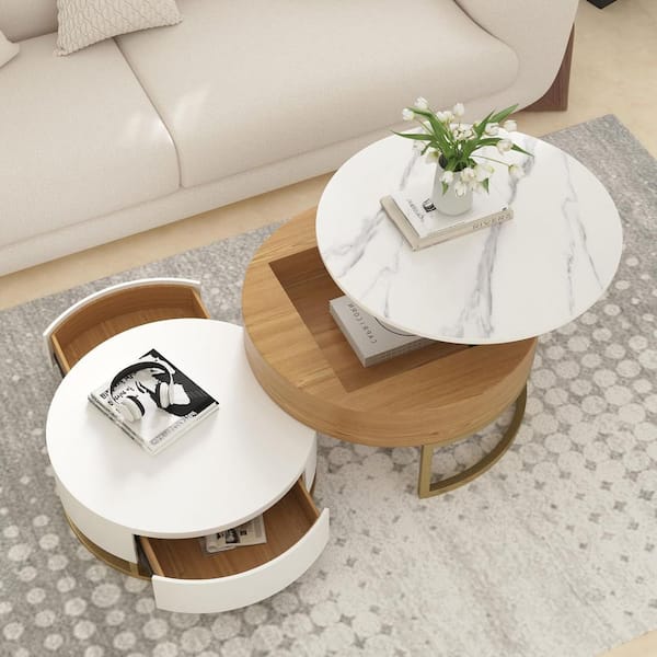 31 in. White and Brown Round Sintered Stone Top Nesting Coffee Table with Lift Top, 2 Storage Drawers for Living Room