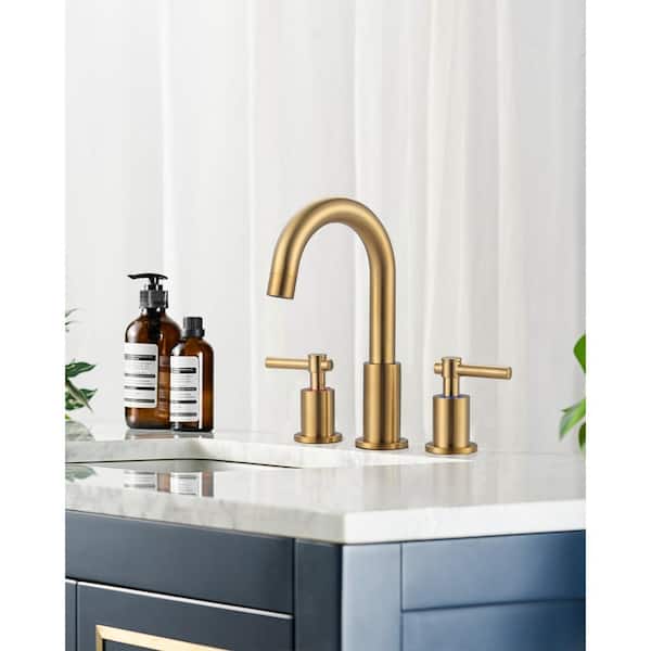 8 in. Widespread Double-Handle High-Arc Bathroom Faucet with Pop-Up Drain 3-Hole Spot Resistant Spout in Brushed Gold
