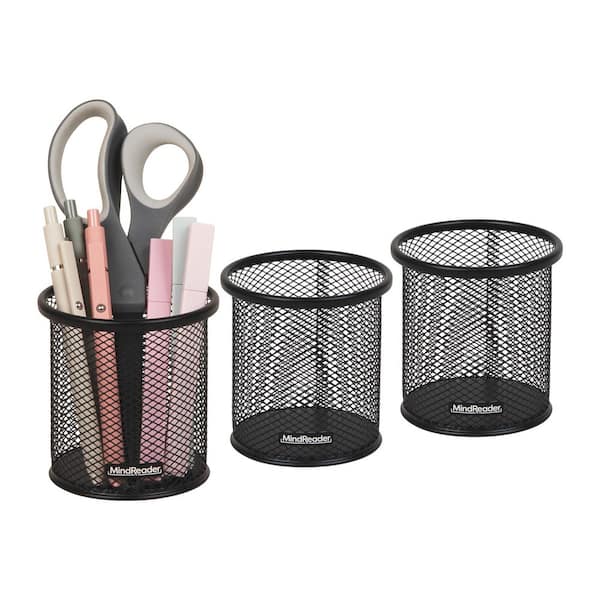 Pen and Accessories Holder, Desktop Organizer, Office, Metal Mesh, 3.5 in. L x 3.5 in. W x 3.75 in. H, Set of 3, Black