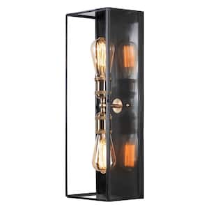 2-Light Dark Bronze Finish Brass Outdoor Wall Lantern Sconce with Clear Tempered Glass