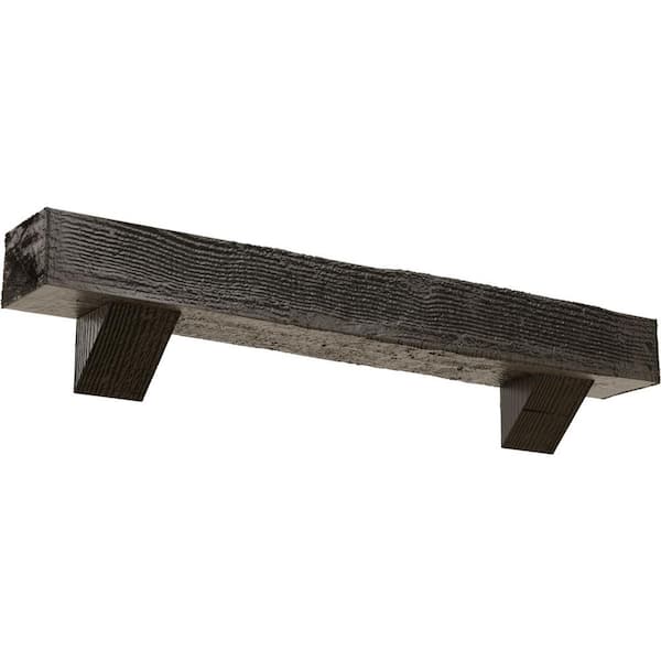 Ekena Millwork 8 in. x 12 in. x 6 ft. Rough Sawn Faux Wood Fireplace Mantel Kit, Breckinridge Corbels, Burnished Honey Dew