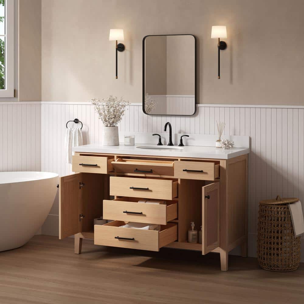 Camila 55" Light Brown Wood Single Sink Vanity with White Quartz Top