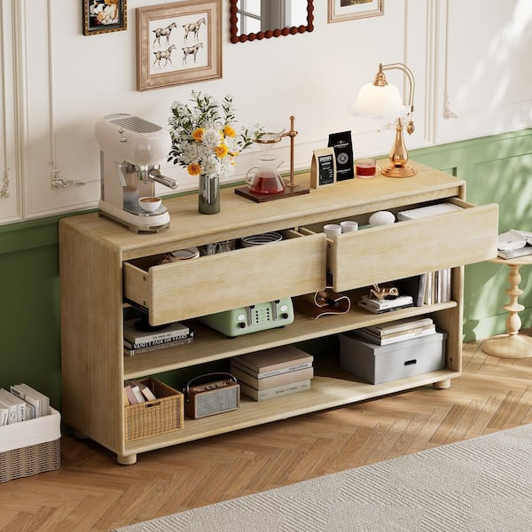 58.3 in. L Natural Wood Wash Rectangle Wood Console Table with Drawers and Shelves