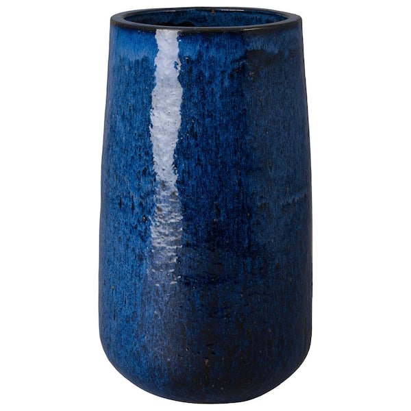 Emissary 16 in. L x 33 in. H Blue Ceramic Round Planter with High-fire treatment