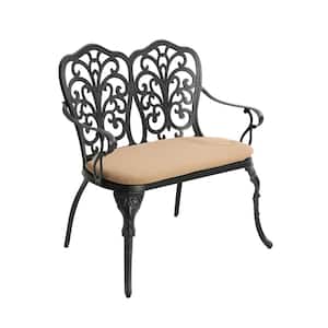 2-Person Outdoor Butterfly Black Cast Aluminum Patio Garden Bench with Cushion