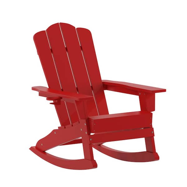 TAYLOR + LOGAN Nellis Red Weather Resistant Plastic HDPE Adirondack Outdoor Rocking Chair with Cup Holder