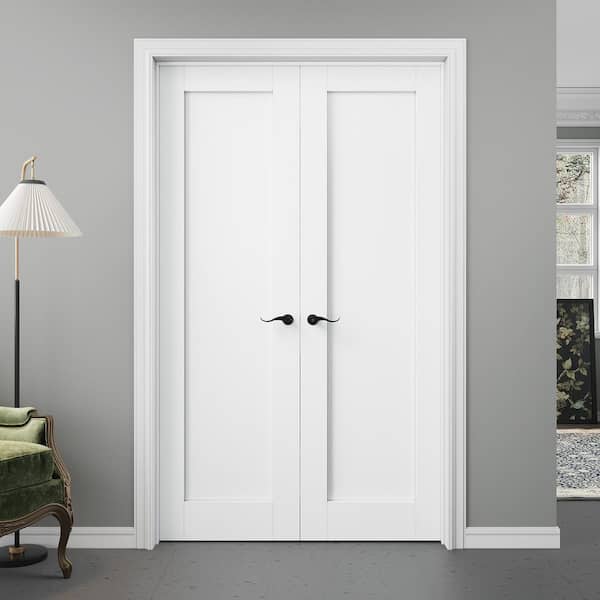 48 in. x 80 in. 1-Panel Blank White Solid Core Wood Universal Double Prehung French Door + Quick Assemble Jamb
