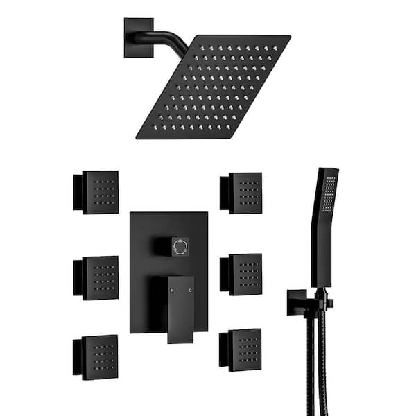 YAWWALK 10 in. 3-Spray Wall Mount Dual Shower Head and Handheld Shower with 6-Jets in Matte Black (Valve Included)
