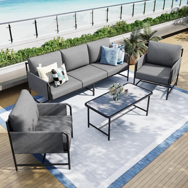 4-Piece 5 Seats Metal Modern Patio Conversation Set with Gray Cushions and Textured Coffee Table