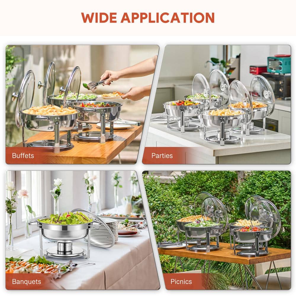 Premium Stainless Steel Round Chafing Dish Set, 6 QT, 4 Pack