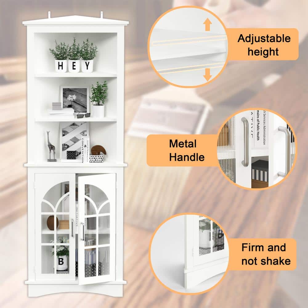 White MDF Corner Accent Cabinet with Adjustable Shelves and Glass Doors