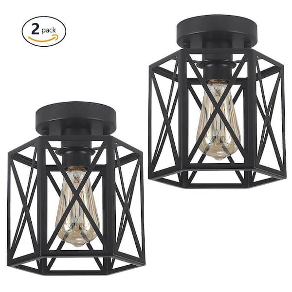 Farmhouse 7.87 in. 1-Light Matte Black Industrial Semi-Flush Mount Ceiling Light With Metal Cage Shade(2-Pack)