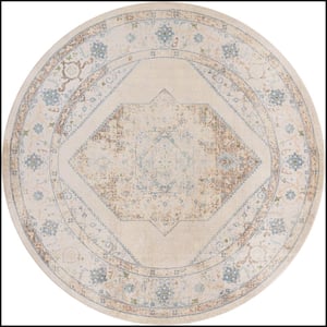 Astra Machine Washable Ivory Blue 5 ft. x 5 ft. Center medallion Traditional Round Area Rug