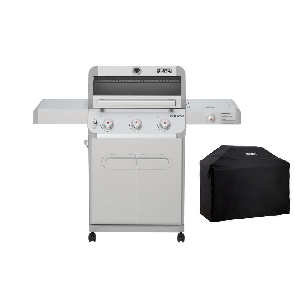Mesa 3-Burner Propane Gas Grill in Stainless Steel with Clear View Lid, LED Controls, and Grill Cover