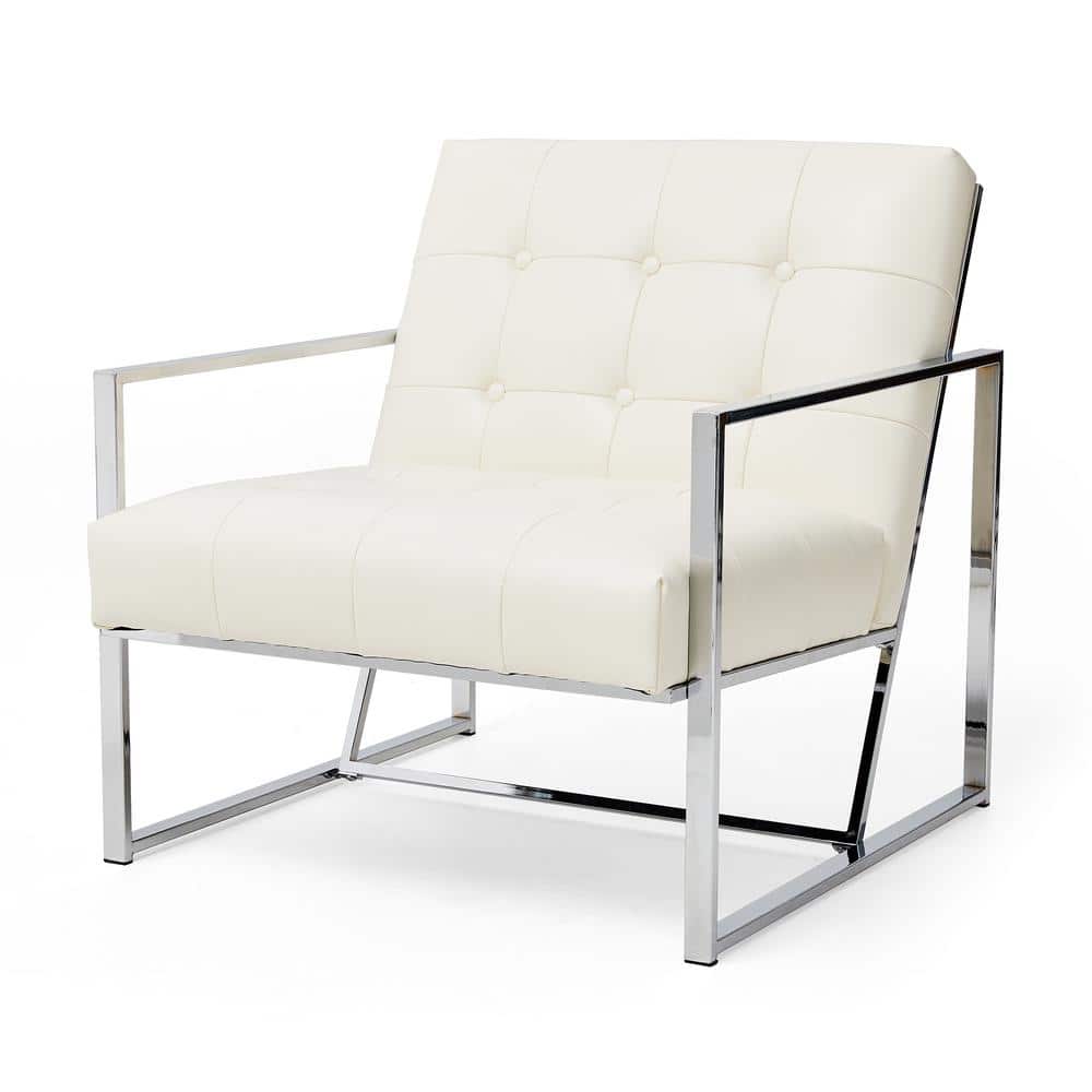 Mid-Century Chrome-Plated White Faux Leather Accent Chair