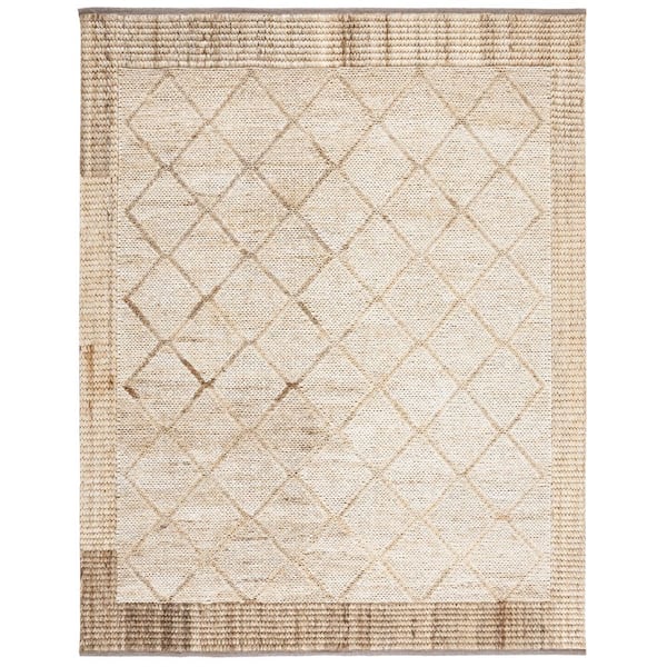 Kilim Natural/Beige 9 ft. x 12 ft. Border Trellis Solid Color Area Rug