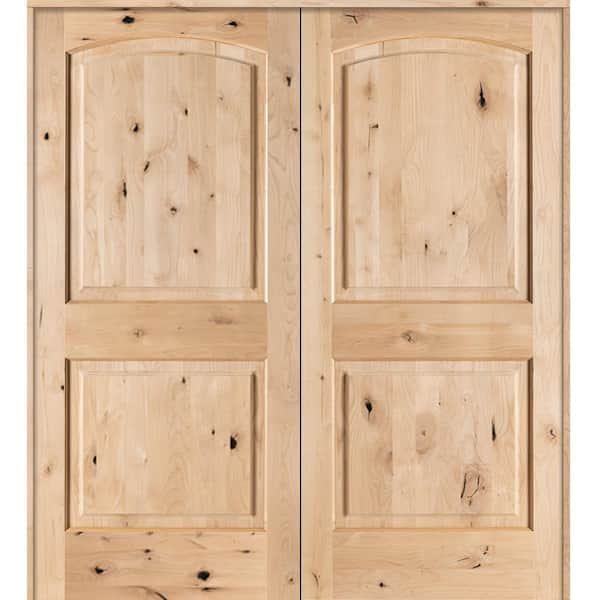 60 in. x 80 in. Rustic Knotty Alder 2-Panel Arch Top Both Active Solid Core Wood Double Prehung Interior French Door
