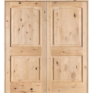 56 in. x 80 in. Rustic Knotty Alder 2-Panel Arch-Top Both Active Solid Core Wood Double Prehung Interior French Door
