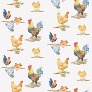 Free Range Chickens Blue/Yellow/Red Matte Finish Vinyl on Non-Woven Non-Pasted Wallpaper Roll