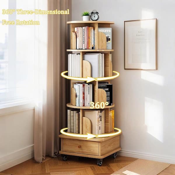 360° Rotating 56 in. H Natural Wood 5 Shelf Corner Bookcase with Drawer  and Universal Wheel for Books Toy or Collection