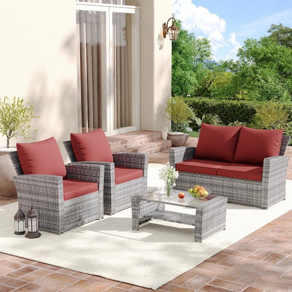 Poteban Outdoor Red Cushion Set Seat/Back Cushion(Set of 4 Seats, 4-Backs)